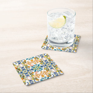 Posavasos Cuadrado De Papel Azulejos Patrón Mediterráneo