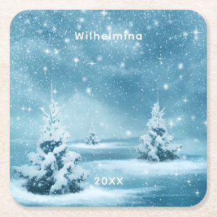 Posavasos Cuadrado De Papel Azules de invierno nevado personalizados