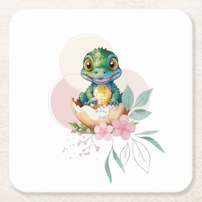 Posavasos Cuadrado De Papel Baby Alligator Hatching Floral Baby Shower (Anverso)