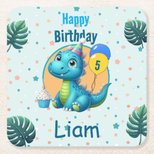 Posavasos Cuadrado De Papel Baby Dino Birthday Coaster