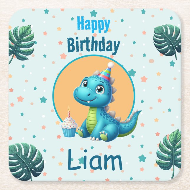 Posavasos Cuadrado De Papel Baby Dino Birthday Coaster (Anverso)