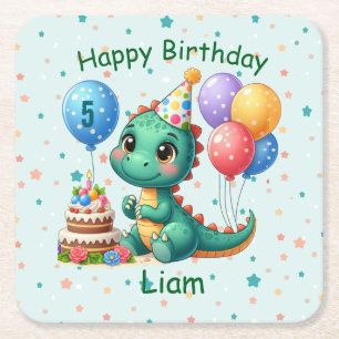 Posavasos Cuadrado De Papel Baby Dino Birthday Coaster