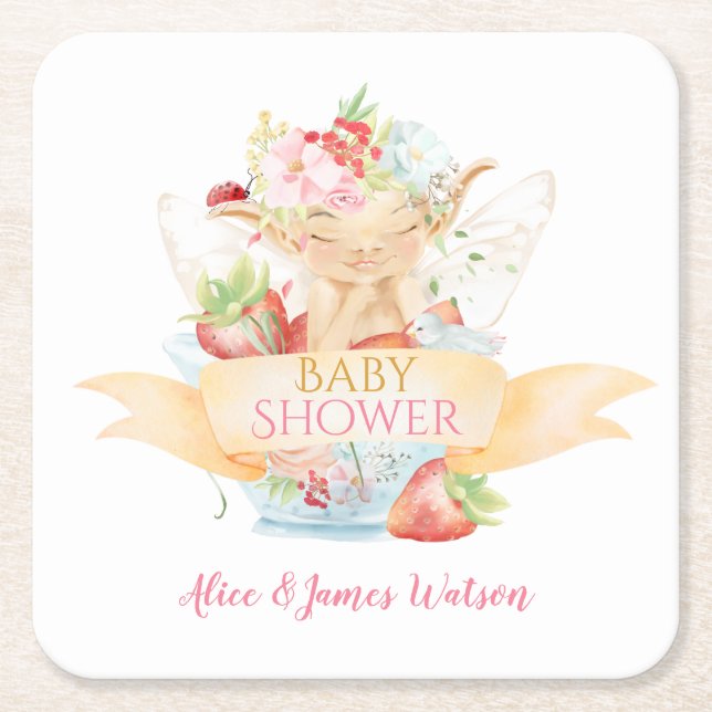 Posavasos Cuadrado De Papel Baby Fairy Delicate Girly Baby Shower (Anverso)