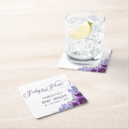 Posavasos Cuadrado De Papel Baby In Bloom Watercolor Morple Flower Baby Shower