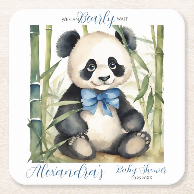 Posavasos Cuadrado De Papel Baby Panda Bear Boy Baby Shower (Anverso)