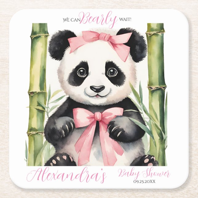 Posavasos Cuadrado De Papel Baby Panda Bear Chicas Baby Shower (Anverso)