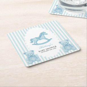 Posavasos Cuadrado De Papel Baby Shower azul del oso preppy de caballo de roca