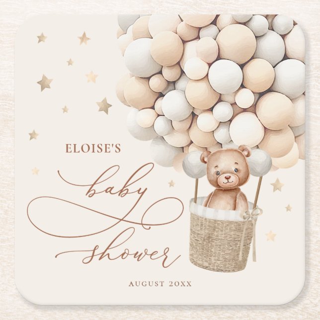 Posavasos Cuadrado De Papel Baby Shower Bearly Wait Neutral Bear Bear Balloon (Anverso)