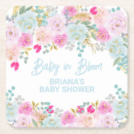 Posavasos Cuadrado De Papel Baby Shower Blue Floral Boy