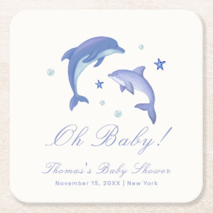 Posavasos Cuadrado De Papel Baby Shower Blue Modern Summer Dolphin Stars