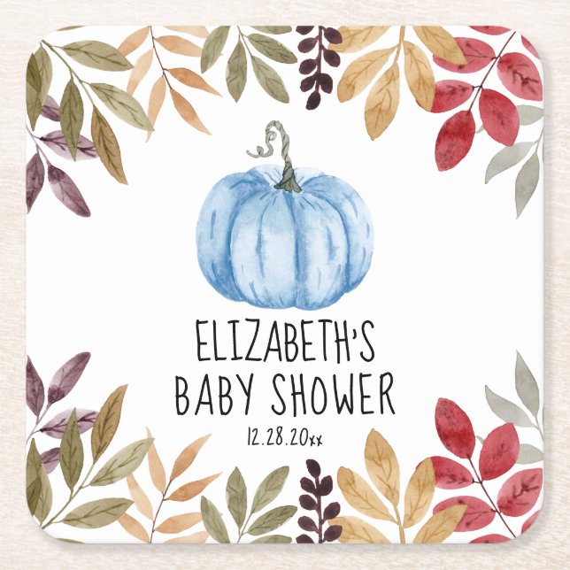 Posavasos Cuadrado De Papel Baby Shower Blue Pumpkin Fall (Anverso)