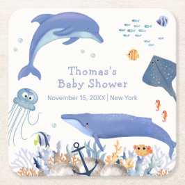 Posavasos Cuadrado De Papel Baby Shower Blue Rustic Ocean Dolphin Whale Boy