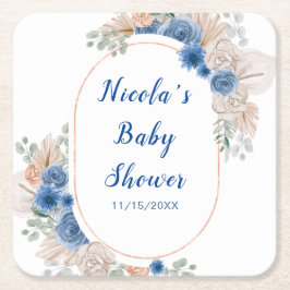 Posavasos Cuadrado De Papel Baby Shower Boho Blue de hierba de Pampas