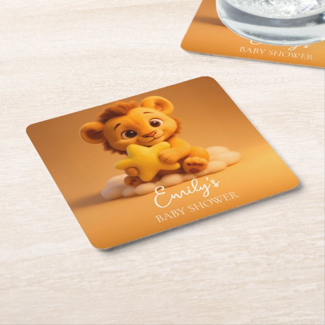 Posavasos Cuadrado De Papel Baby Shower Coaster – Little Lion & Star (En perspectiva)
