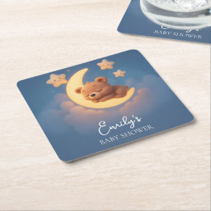 Posavasos Cuadrado De Papel Baby Shower Coaster – Teddy Bear on the Moon