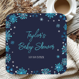 Posavasos Cuadrado De Papel Baby Shower con copos de nieve azules y plateados