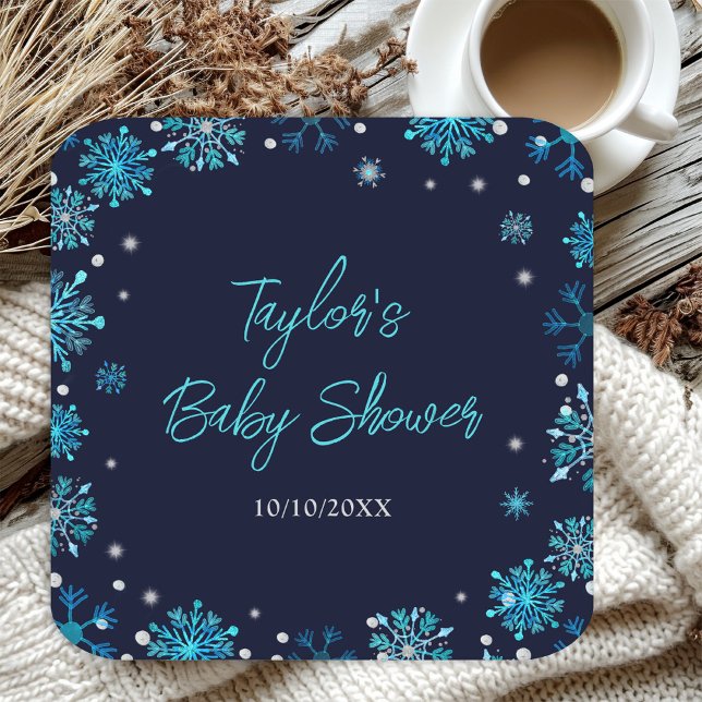 Posavasos Cuadrado De Papel Baby Shower con copos de nieve azules y plateados (Subido por el creador)