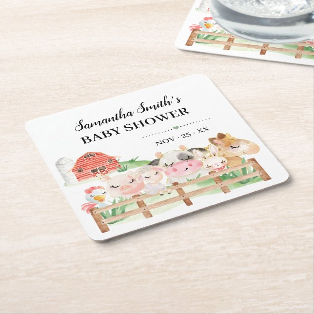 Posavasos Cuadrado De Papel Baby Shower de animales de bebé de granja (En perspectiva)