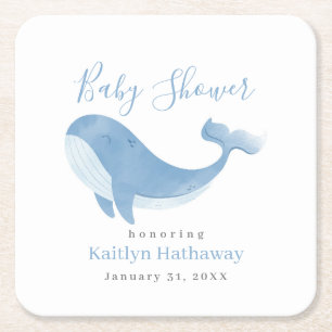 Posavasos Cuadrado De Papel Baby Shower de ballena azul acuarela