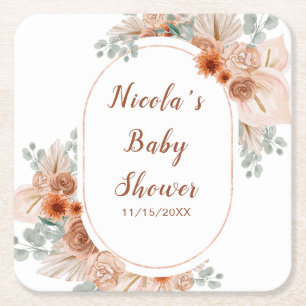 Posavasos Cuadrado De Papel Baby Shower de Boho Terracotta con Hierba de Pampa