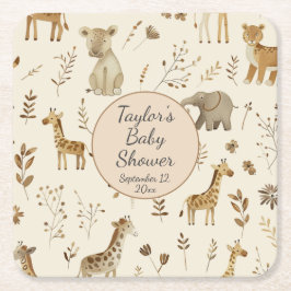 Posavasos Cuadrado De Papel Baby Shower de Boho White Beige Jungle Animales
