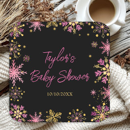 Posavasos Cuadrado De Papel Baby Shower de copos de nieve dorados y rosas