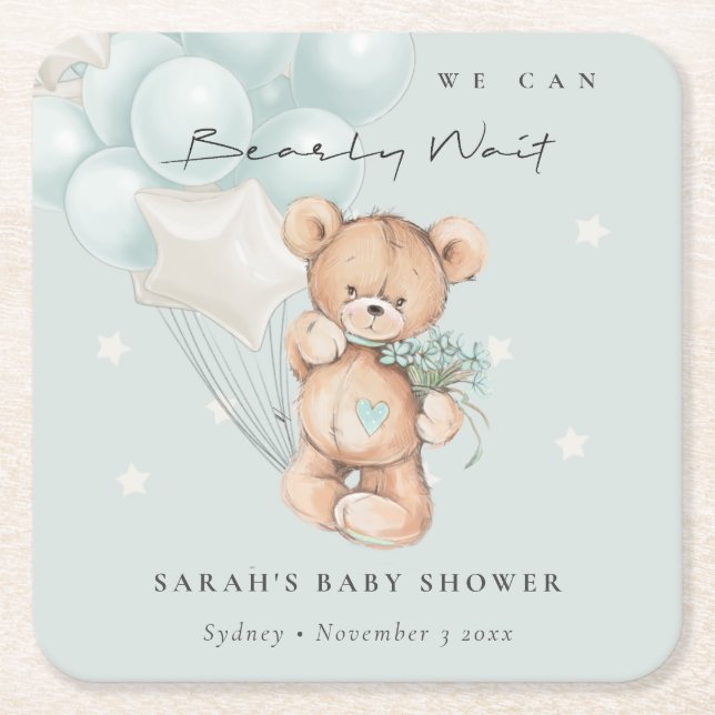 Posavasos Cuadrado De Papel Baby Shower de globo Bear Bear de espera azul lind (Anverso)