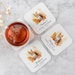 Posavasos Cuadrado De Papel Baby Shower de la Caída de la Ardilla de los Bosqu<br><div class="desc">Cuidadas duchas de natación con temática de bosque, con un ilustracion acuarela de una ardilla de bebé rodeada de hojas de otoño en tonos naranja, rojo y amarillo. Personalice las tostadoras de ducha de bebé de ardilla con el nombre de la futura madre y la fecha de la ducha de...</div>