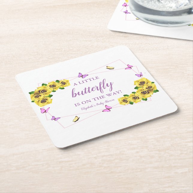 Posavasos Cuadrado De Papel Baby Shower de la mariposa pequeña (En perspectiva)
