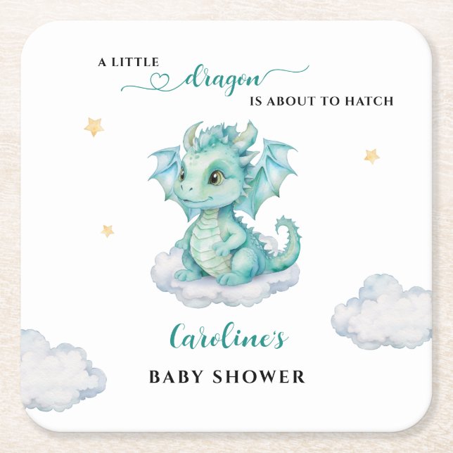Posavasos Cuadrado De Papel Baby Shower de Little Dragon (Anverso)
