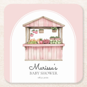 Posavasos Cuadrado De Papel Baby Shower de mercado de granjeros rosados