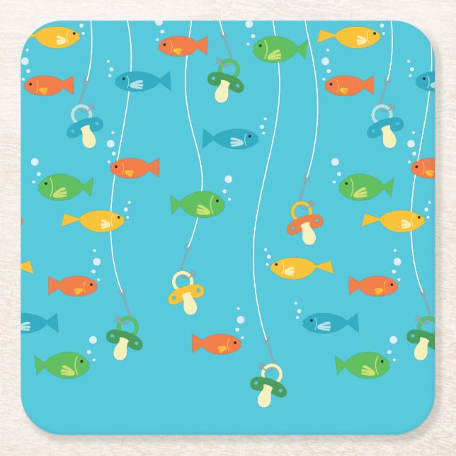 Posavasos Cuadrado De Papel Baby Shower de pesca (Anverso)