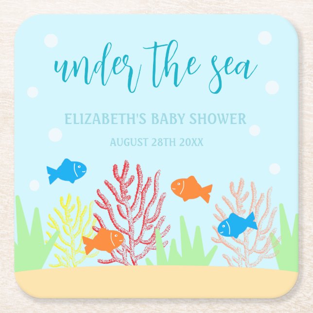 Posavasos Cuadrado De Papel Baby Shower de Sea Life (Anverso)