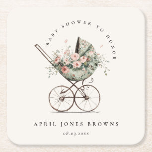 Posavasos Cuadrado De Papel Baby Shower de Stroller Rubor Floral Green Vintage