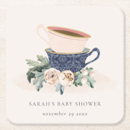 Posavasos Cuadrado De Papel Baby Shower de tazas de té apiladas de floral azul