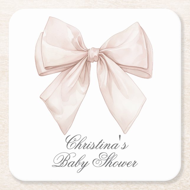 Posavasos Cuadrado De Papel Baby Shower Elegante con Lazo Blanco (Anverso)