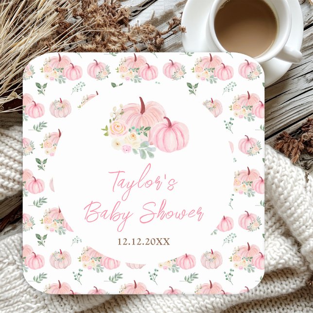 Posavasos Cuadrado De Papel Baby Shower floral de calabazas rosadas (Subido por el creador)