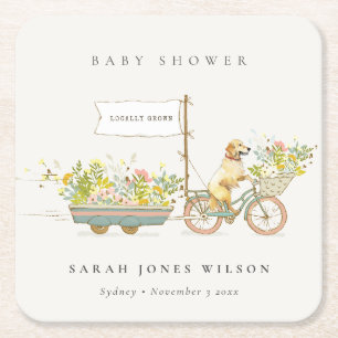 Posavasos Cuadrado De Papel Baby Shower floral de Golden Retriever de cosecha 
