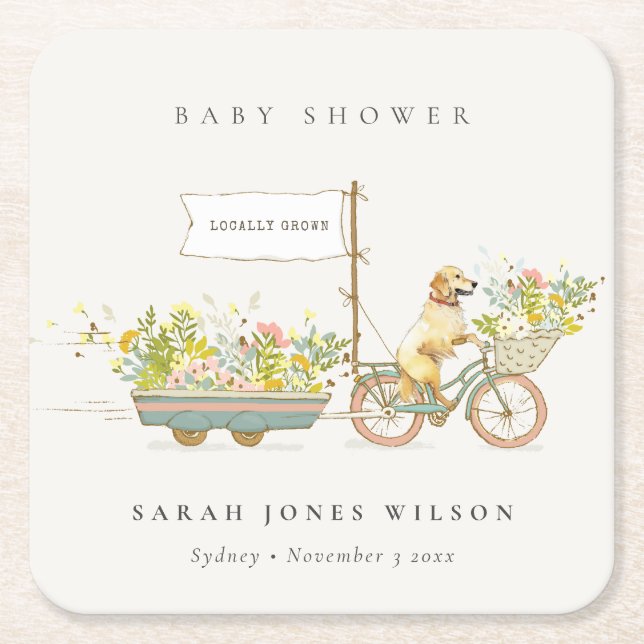 Posavasos Cuadrado De Papel Baby Shower floral de Golden Retriever de cosecha  (Anverso)