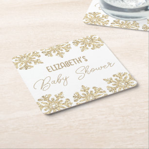 Posavasos Cuadrado De Papel Baby Shower Gold Snowflake Winter