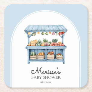 Posavasos Cuadrado De Papel Baby Shower Mercado de Granjeros Azules