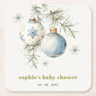 Posavasos Cuadrado De Papel Baby Shower Minimal Blue Winter Chirstmas Boy