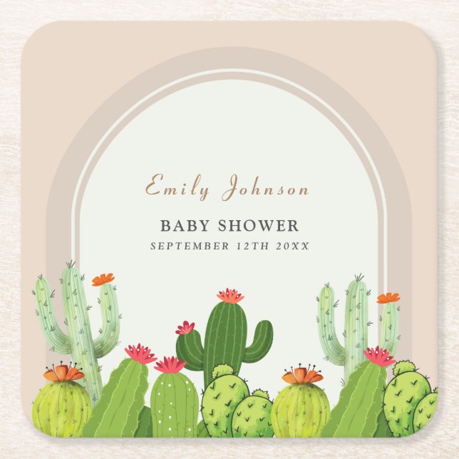 Posavasos Cuadrado De Papel Baby Shower Neutral Boho Cactus Arch (Anverso)