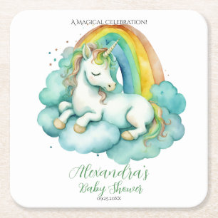 Posavasos Cuadrado De Papel Baby Shower neutro de género de unicornio para beb