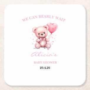 Posavasos Cuadrado De Papel Baby Shower Oso de Peluche Rosa
