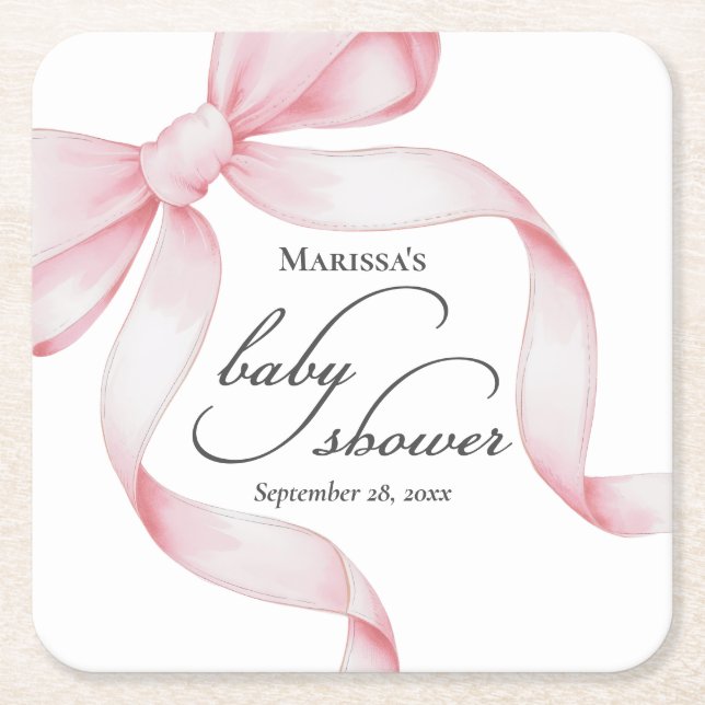 Posavasos Cuadrado De Papel Baby Shower Pink Bow (Anverso)