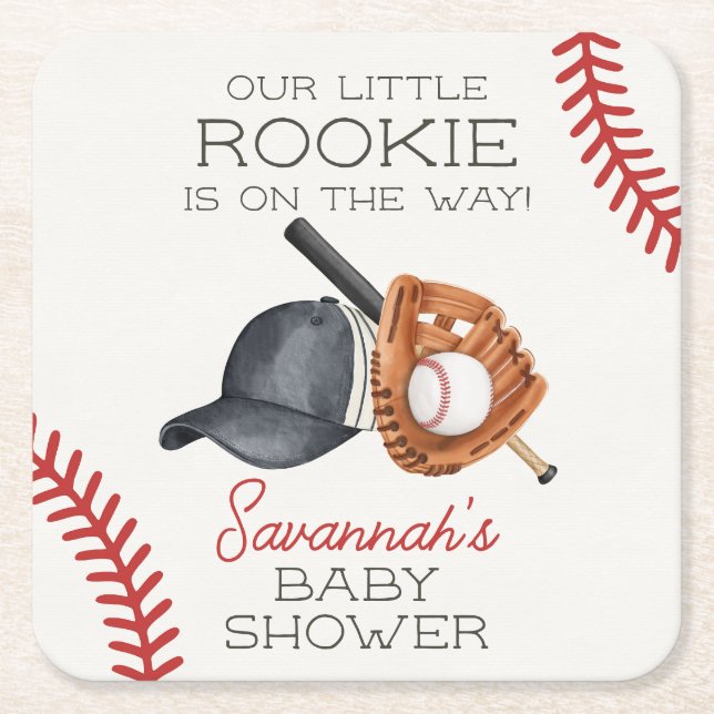 Posavasos Cuadrado De Papel Baby Shower Rookie Little Home Run (Anverso)