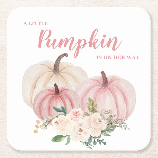 Posavasos Cuadrado De Papel Baby Shower rosa de calabaza pequeña (Anverso)