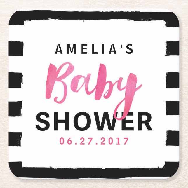 Posavasos Cuadrado De Papel Baby Shower rosa en franjas blanco y negro de Moda (Anverso)