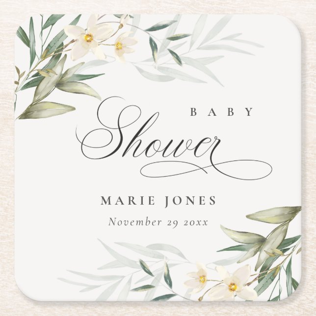 Posavasos Cuadrado De Papel Baby Shower Rústico White Greenery Floral Bunch